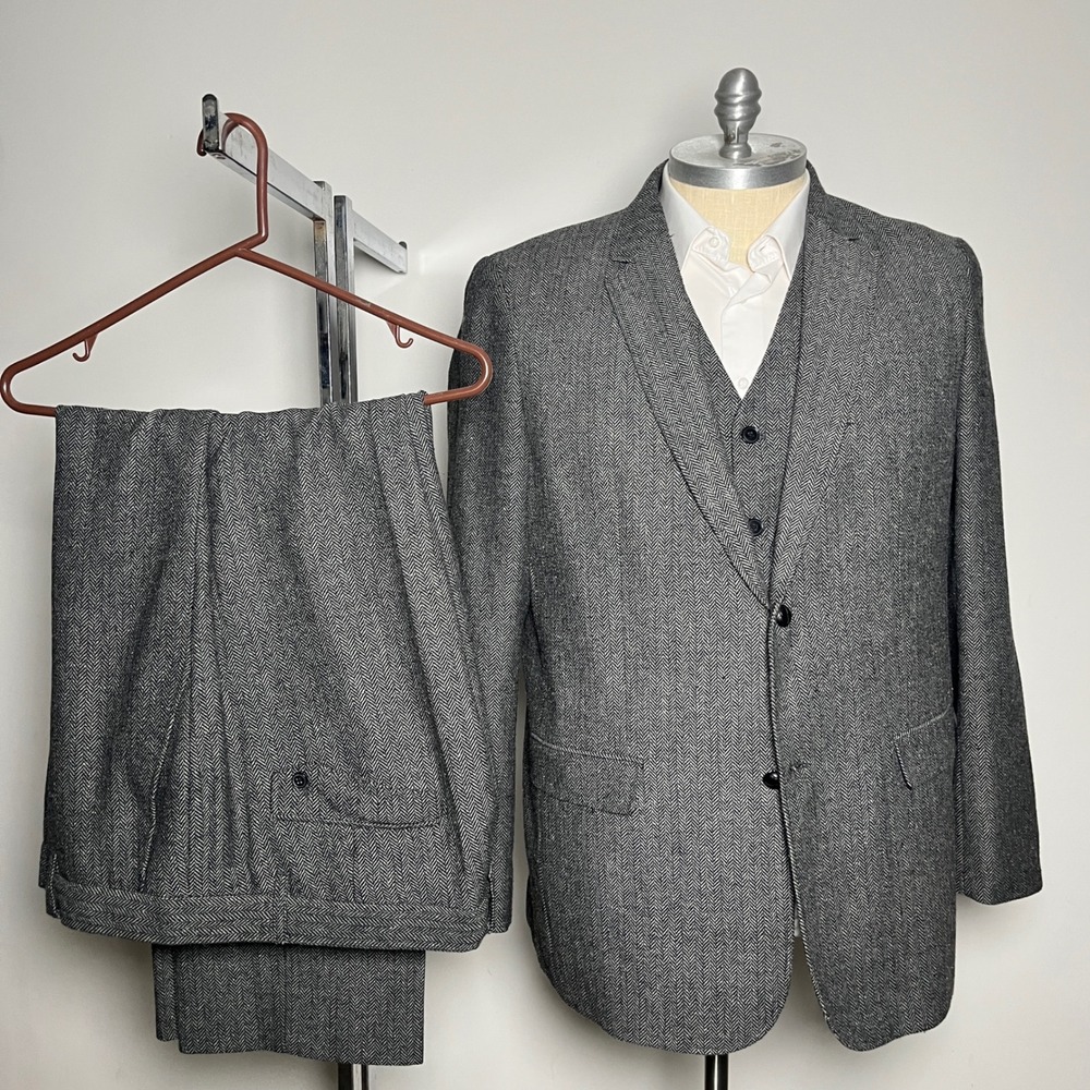 Paulo Solari 3-Piece Suit Mens 50R 41x30 Grey Herringbone Elbow Patch Modern Fit